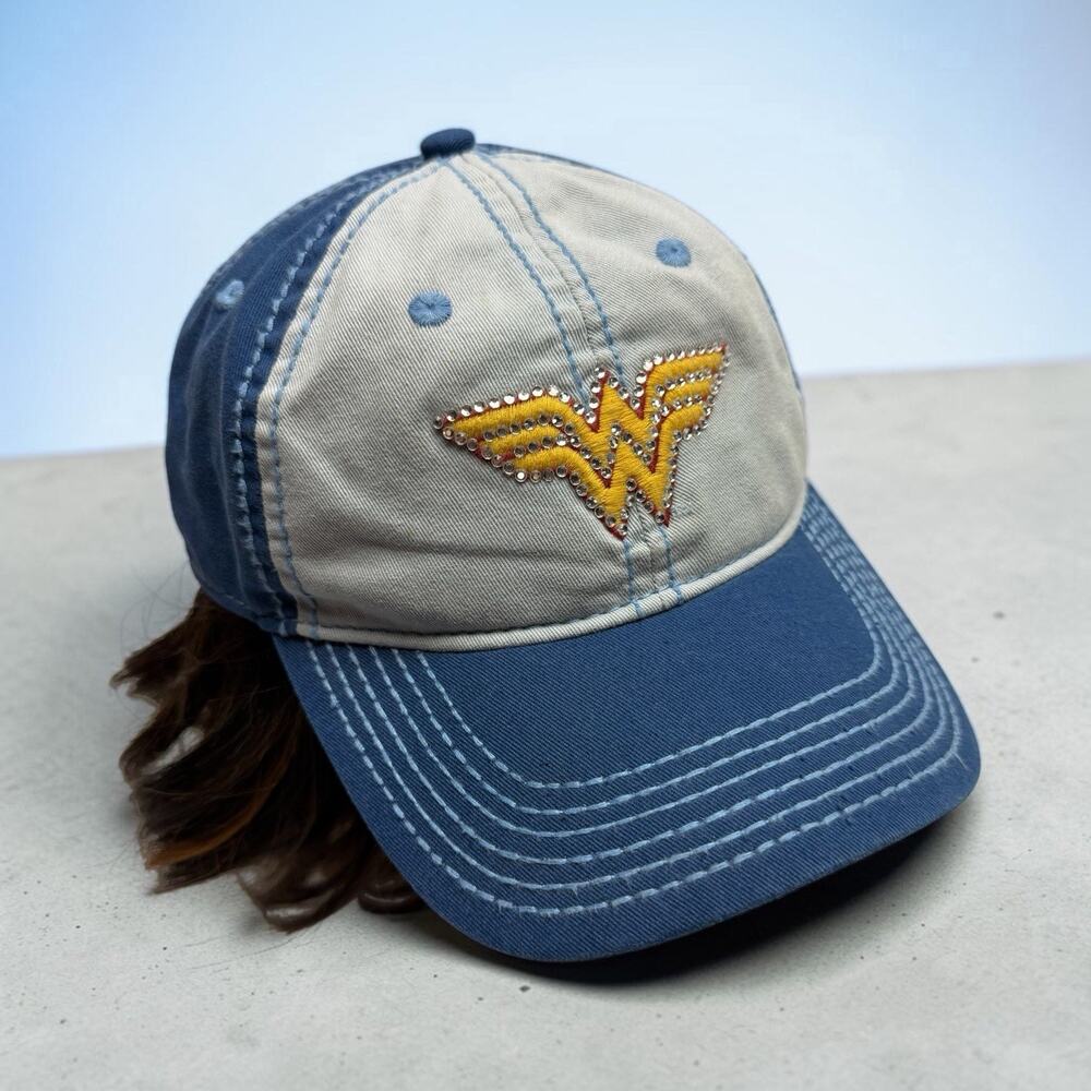 Wonder Woman Hat DC Comics Blue Rhinestone Logo Baseball Cap Adjustable Adult